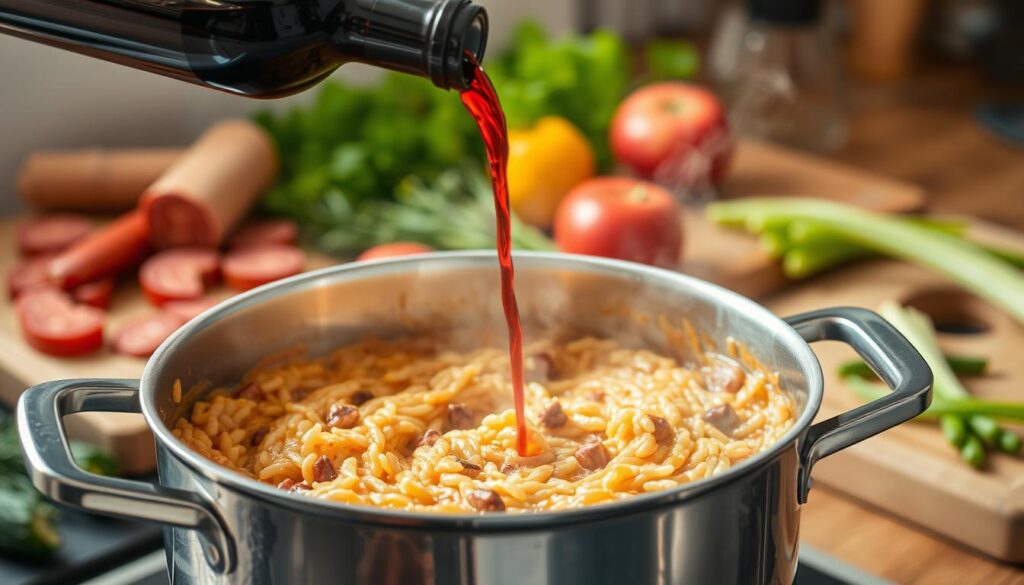 déglacage avec le vin rouge dans la cuisson risotto