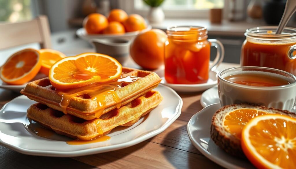 gaufres à l'orange et tartines à la confiture