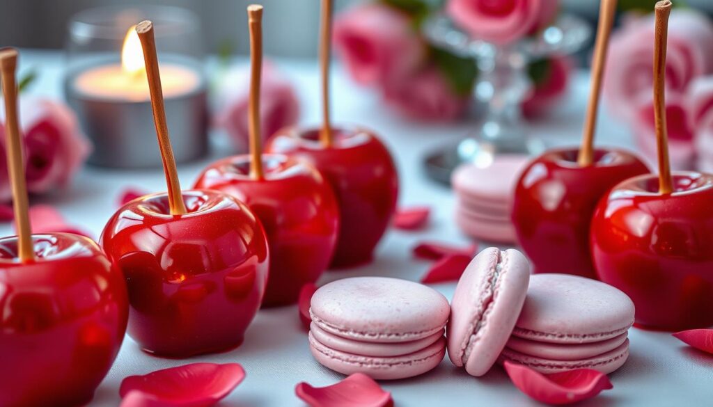 pommes d'amour et macarons romantiques