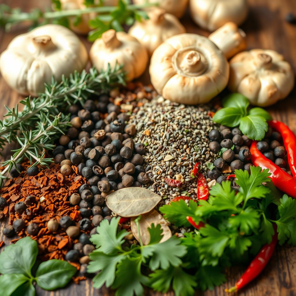 épices et herbes pour la tarte aux champignons